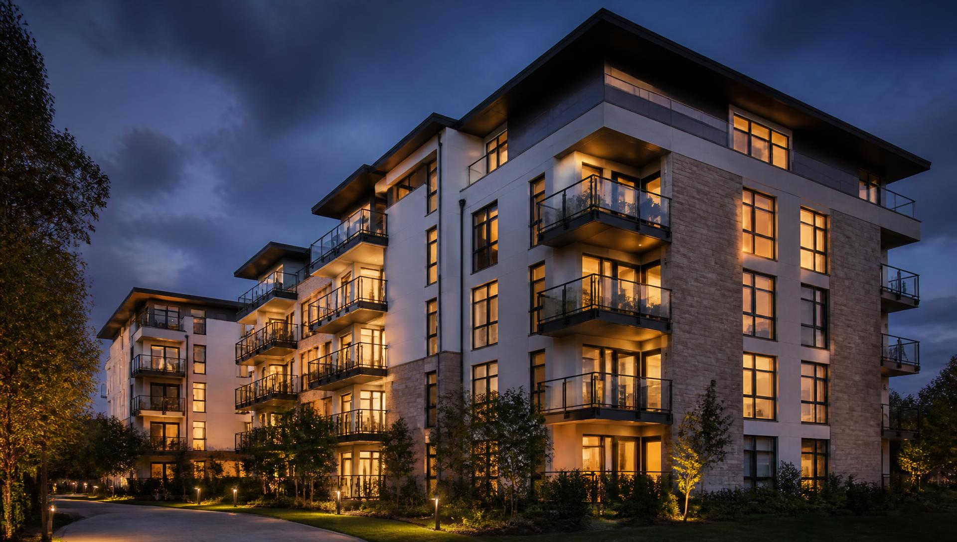 Modern multifamily residential building exterior lit at dusk