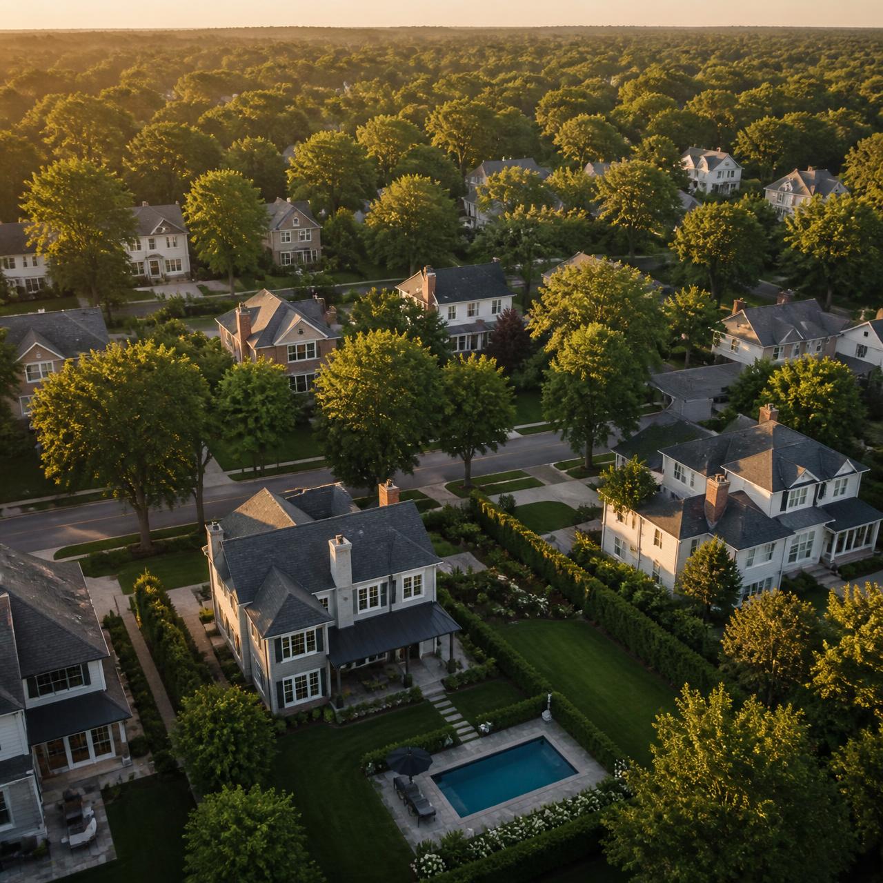 Aerial view of an established residential neighborhood of investment properties at golden hour