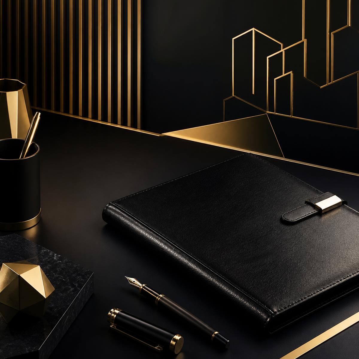 Black leather portfolio, fountain pen, and gold architectural accents on a dark executive desk